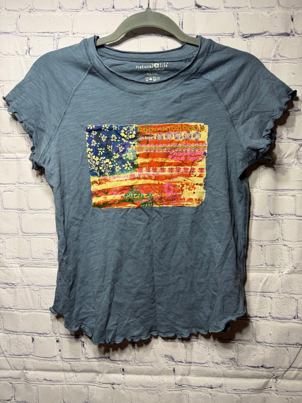 Natural Life Short Sleeve Crew Neck Tee Blue Patriotic Flag Sz S NWOT